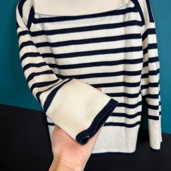 Babaton 2XS Cream and Navy Striped Merino Wool Sweater Preppy Quiet Luxury Soft - Picture 8 of 16